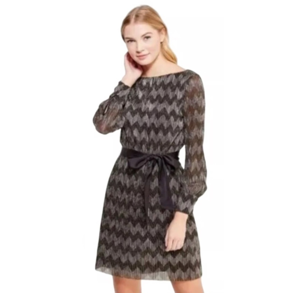 Banana Republic Metallic Chevron Long Sleeve Shift Dress W/Satin Belt